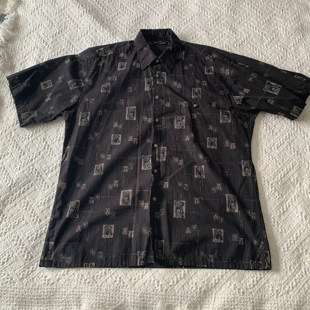 Pierre Cardin Mens Hawaiian Shirt Size L Palms Beach Island 100% Cotton